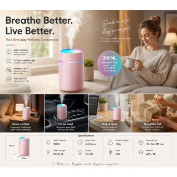 USB Mini Humidifier 300ML Dual Cotton Wicks Pink Boxed, Holiday Present