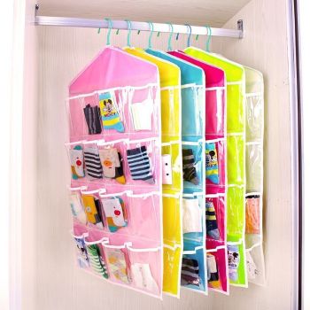 2 Pack 16-Grid Visible Wall Hanging Storage Bags, Lingerie Sock Organizer, Beige, Matching Closet Combo