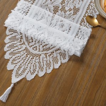 Extra Long Lace Tassel Table Runner 33x183cm, Beige, Match Rustic & Modern Home Style