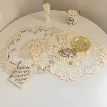 2 Pack Vintage Mesh Embroidered Mats 29x38cm Apricot, Two-Piece Classic Tabletop Decor Combo