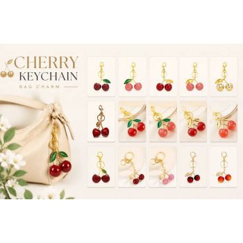 Delicate Pink Cherry Keychain with twin gold leaves, adding soft romantic glow to every bag you carry