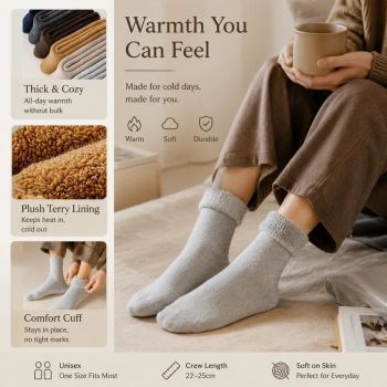 Black Warm Fleece Terry Wool Socks Adult Unisex Loose Top Winter Socks 6 Pairs