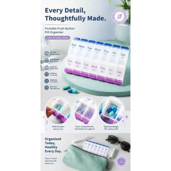Portable Press 14 Compartment Pill Box Double Row Weekly Medicine Organiser 1Pc
