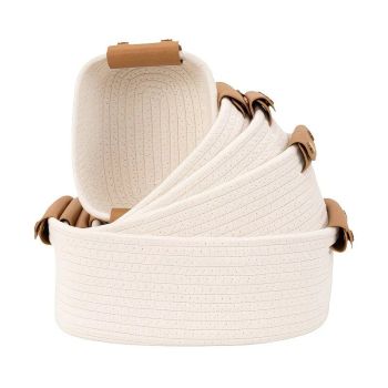 5-piece cotton rope storage basket set, cotton woven with leather handles, multiple sizes for organizing desk sundries, beautiful and practical to enhance space style.（pitch green）