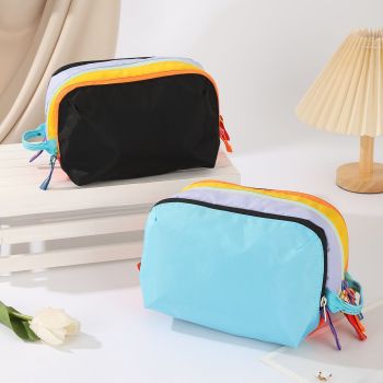 Dopamine Color-Blocking Cosmetic Bag, waterproof with large capacity, layered storage for skincare and makeup, easy opening and closing with drawstring zipper, essential sweet storage item for travel and commuting./Deep purple (front) (back) water green