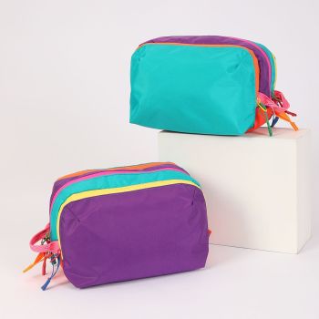 Dopamine Color-Blocking Cosmetic Bag, waterproof with large capacity, layered storage for skincare and makeup, easy opening and closing with drawstring zipper, essential sweet storage item for travel and commuting./(front) black (back) sky blue