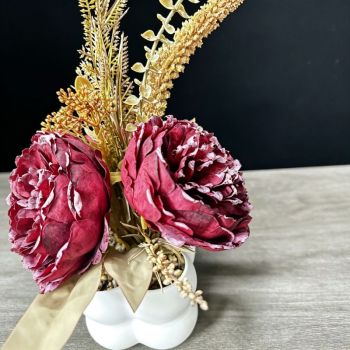 Light luxury simulated peony potted plant, handcrafted petals realistic and full, pumpkin planter round and versatile, no maintenance ready to display upon opening, brightens up new Chinese-style home spaces.(white)