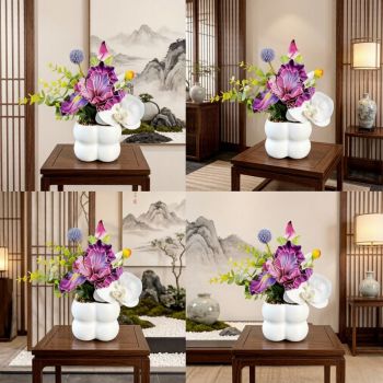 Simulated iris potted plant, floral artistry vibrant and colorful, pumpkin planter round and versatile, no maintenance ready to display upon opening, brightens up new Chinese-style and light luxury home spaces.(WHITE)