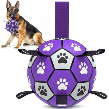 Dog Ball Toy Soccer Ball with Webbing Strap, Indoor and Outdoor Interactive Tug-of-War, Purple and Black Soccer Ball, Pet Toy for Large, Medium, and Small Dogs (Includes Air Pump)
