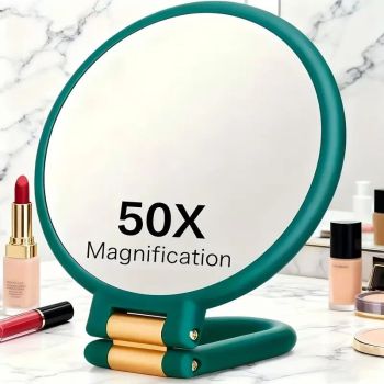Double-sided Folding Makeup Mirror – 1X/50X Dual Magnification, 360° Rotatable and Foldable for Portability, Three Uses: Handheld, Desktop, Wall-mounted(WHITE)