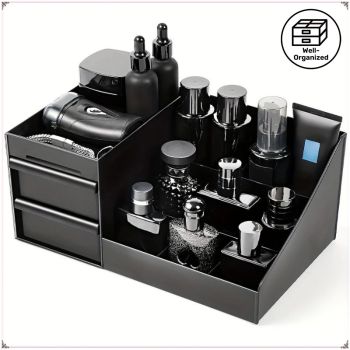 Black Mens Wash Bag & Vanity Organiser | 2 Drawer Acrylic Bathroom Storage for Grooming & Skincare
