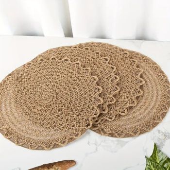 4pcs Nordic Style Round Table Mat, Exquisite Openwork Weave, Polyester Hemp-Like Texture, 38cm Dining Mat, Heat-Resistant and Easy to Care For
