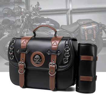 Motorcycle retro rear seat bag + detachable side bags, PU leather waterproof and wear-resistant, black and brown color scheme with skull emblem, practical storage and motorcycle decoration.
