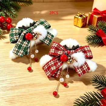 2PCS Christmas Plush Bow Faux Pearl Tassel Claw Clip, Women's Elegant & Sweet Updo Shark Clip, Versatile Christmas Hair Accessory Gift