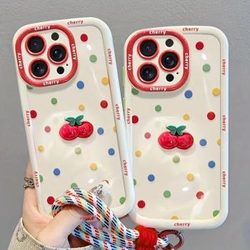 Creamy White Shell Cherry Painting iPhone Case Silicone Drop Protection Full Lens Cover with Lanyard Cute Polka Dot Design(iPhone17 promax)