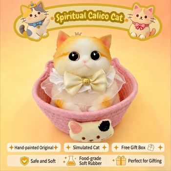 Fat Cat Squishy Toy, Lifelike Cat Plush Doll, Original Hand-Painted Design, (Kitten + Accessories + Cat Bed)/Lovely golden gradient