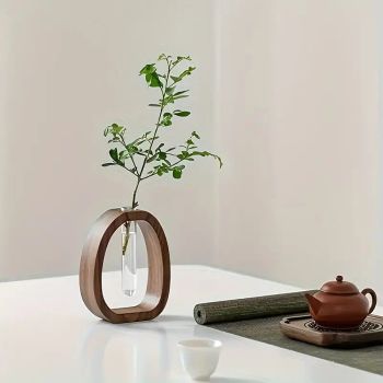 South American Walnut Wangshu Flower Vase: Natural Solid Wood Hand Polished, Ring Design with Glass Tube, Suitable for Fresh Cut and Hydroponic Plants, Space Aesthetic Accent/ S 