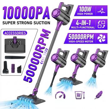 4-in-1 cordless vacuum cleaner, 50000RPM motor, 10000Pa suction, 180° rotating brush head, dual speed settings, lightweight and convenient./purple