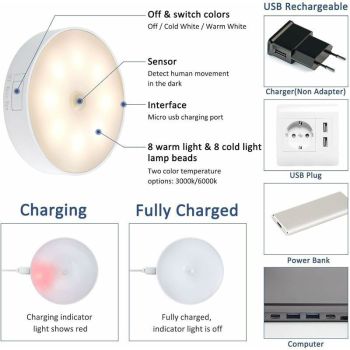 3 Pcs Indoor Motion Sensor LED Night Light Garage, Bedroom Corridor, Staircase USB Rechargeable LED Lamp
