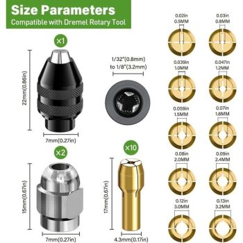 15 Pcs Dremel Compatible Chuck Rotary Tool Accessories to Replacement 4486 Quick Change Chuck Replacement 4485 Brass Collet Metal Nut, 0.8mm, 3.2mm