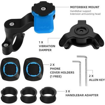 Motorcycle Phone Holder Blue, IPhone Android, Samsung Scooter, Twist and Lock Vibration Damper Compatible with Smartphones for Bicycle Handlebars
