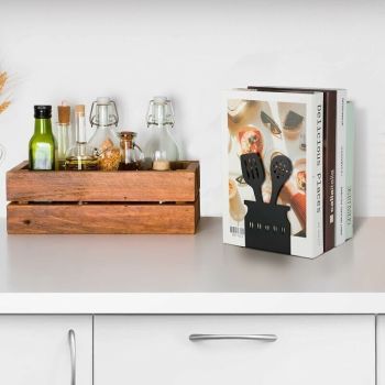 Cookbook Endcaps Black, Slip Mat Cookbook Holders Metal Cookbook Storage Metal Bookends with Anti-Decorative Cookbook Spoon
