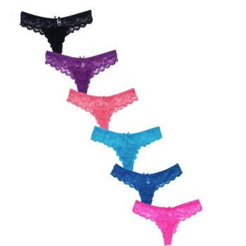 12-Pack Thong Lace Panties, 6 Colors, XS