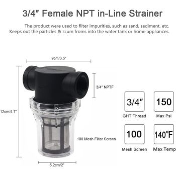Water Pump Inline Filter with 100 Mesh Stainless Steel Strainer for Garden Watering, 0.75 Inch