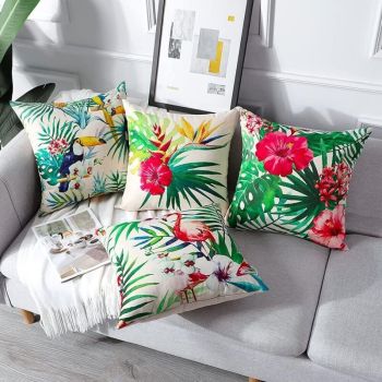 4 Pack Waterproof Outdoor Cushion Covers Tropical Plant Flower Bird Pattern for Patio Sofa, 45 x 45cm