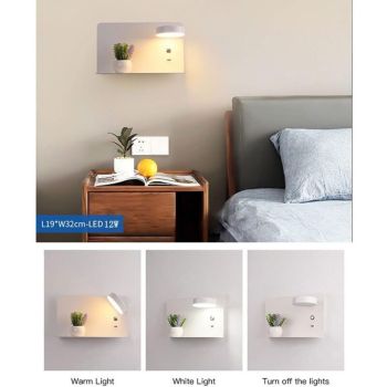 Right Side Adjustable LED Wall Light 12W with USB Charging Switch and 3 Color Temperatures, 330 Degree Rotation