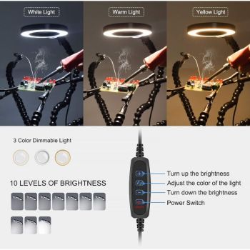Helping Hands Soldering Third Hand PCB Holder with 5 Flexible Arms and 3 Adjustable Light Settings Magnifying Lamp