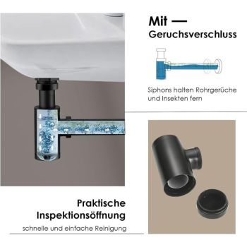 Brass Basin Drain, Keymark Universal Siphon with Extension Tube, 1 Adjustable Siphon Anti Odor Leak Proof, Matte Black, 0.25 x 32mm, 200mm