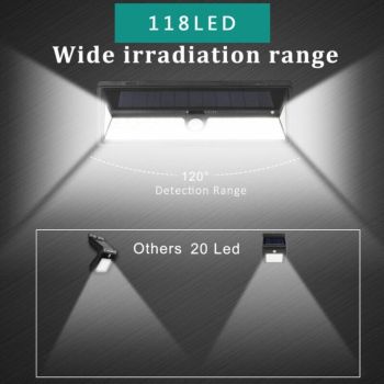 Solar Wall Light 118 LED PIR Motion Sensor IP65 Waterproof Outdoor Garden Light 1000 Lumens