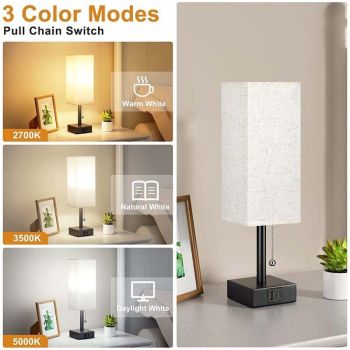 Dimmable Bedside Lamp with USB A and USB C Charging Ports LED Bulb Pull Chain Switch, 3000K 4000K 5000K