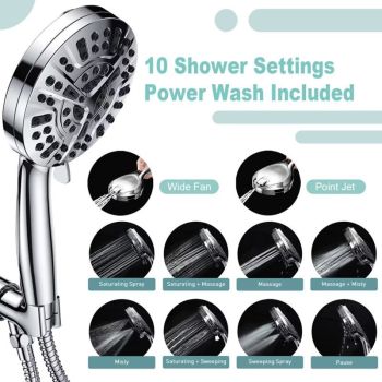 High Pressure Handheld Shower Head with 8 Spray Settings and 2 Spray Modes with Stainless Steel Hose, 1.5m