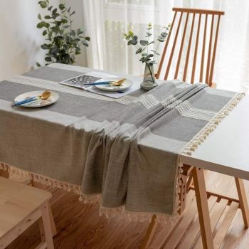 Tablecloths, Embroidery Table Cloth Washable Cotton Linen Tassel Tablecloth, Anti Fade Wrinkle Free Table Cover, Grey, 100 x 160cm