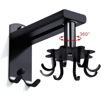 Rotating Wall Hook for Kitchen, 360 Rotatable Kitchen Utensil Holder, Wall Mounted Kitchen Utensil Holder with 8 Hooks for Bathroom and Kitchen, Black