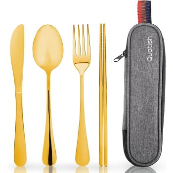 4 Pcs Travel Utensils with Case, Portable Stainless Steel Reusable Silverware Set with Fork Spoon Knife Chopsticks for Camping Picnic Work, Black
