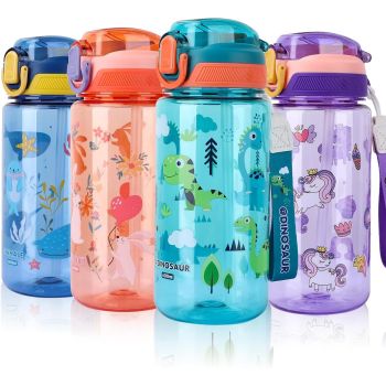 Kids Water Bottle with Straw, BPA Free Leakproof Sport Drinks Bottle for School Girls Boys, Dinosaur Greenish Blue, 600ml