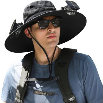 2 Solar Fan Sun Hat, Outdoor Wide Brim UPF 50+ Bucket Hat with Built in Fan for Men Women Fishing Beach