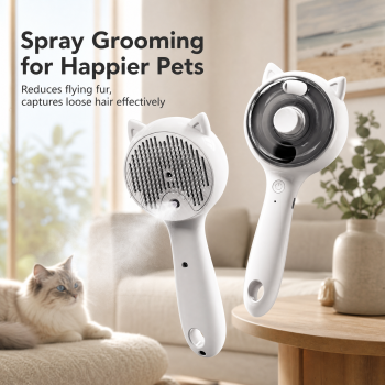 Pink Pet Spray Grooming Brush for Cats and Dogs, Rechargeable Self Cleaning Slicker Brush with Fine Mist, 30ml Water Tank, 500mAh Battery, One Click Fur Release, Type-C Charging