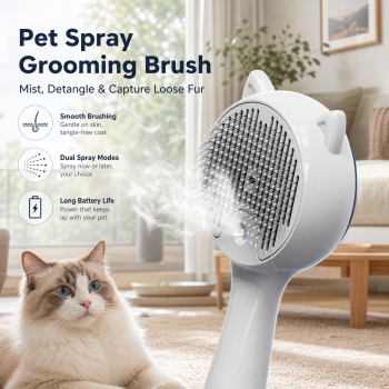 White Pet Spray Grooming Brush for Cats and Dogs, Rechargeable Self Cleaning Slicker Brush with Fine Mist, 30ml Water Tank, 500mAh Battery, One Click Fur Release, Type-C Charging