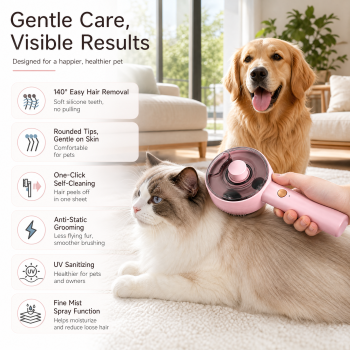 Pink USB Rechargeable Pet Spray Grooming Brush for Cats and Dogs, Self Cleaning Slicker Brush with Fine Mist, 140° Curved Stainless Steel Pins, One Click Hair Release, 300mAh Battery