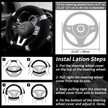 Rhinestone Fluffy Steering Wheel Cover - Comfortable Non-Slip Luxury Faux Wool, Universal Fit for 14.5" to 15" Steering Wheels