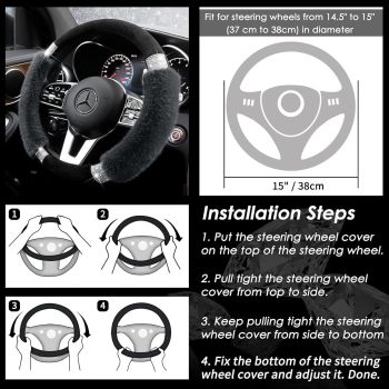 Rhinestone Fluffy Steering Wheel Cover - Comfortable Non-Slip Luxury Faux Wool, Universal Fit for 14.5" to 15" Steering Wheels