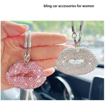 Diamond Car Accessories for Women, Crystal Rear View Mirror Accessories,for Family and Lover,Car Decoration, Valentine's Gift, Lucky Hanging Interior Ornament (Pink)