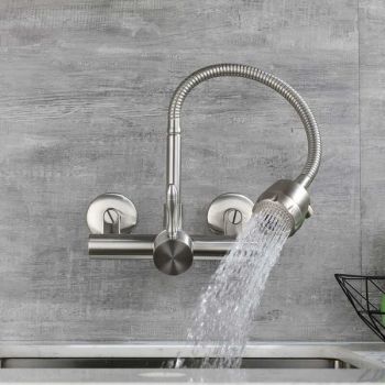 Wall Mounted Kitchen Tap, Food-Grade 304 Stainless Steel Flexible Gooseneck Faucet with 2 Spray Modes, 360° Swivel Kitchen Sink Tap, Mount Hole Distance 12-18cm for Laundry & Kitchen Sink