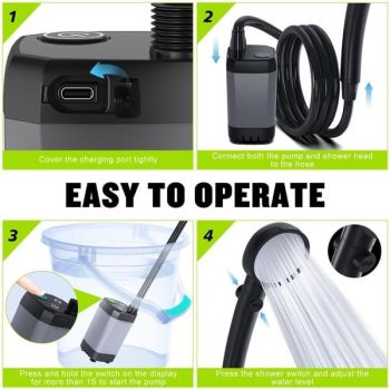 Portable Camping Shower, 6000mAh Rechargeable Shower Pump with Smart LED Temperature Display, 4 Spray Modes IPX7 Waterproof Outdoor Shower for Hiking, Travel, Car Washing & Pet Bathing, Black