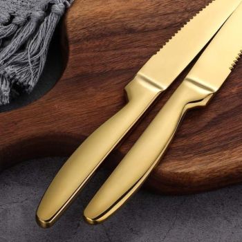 6 Pack Gold Serrated Steak Knives, 8.6 Inch Heavy Duty Stainless Steel Table Knives for Beef Meat Cutting, Dishwasher Safe Dinner Knives Set