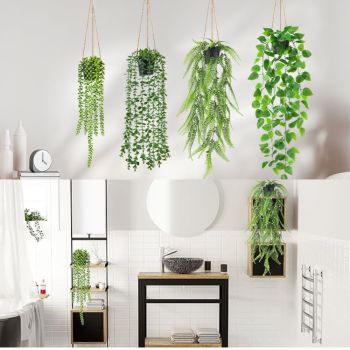 Artificial Hanging Mandevilla Plant with Pot, Fake Trailing Green Vine Potted Plant, Low Maintenance Faux Greenery for Indoor Wall Balcony Home Decor